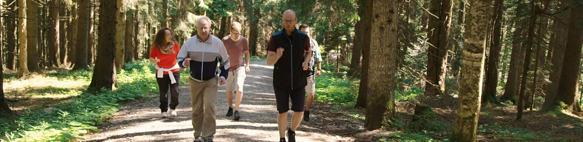 Eine Gruppe älterer Menschen läuft durch einen Wald.