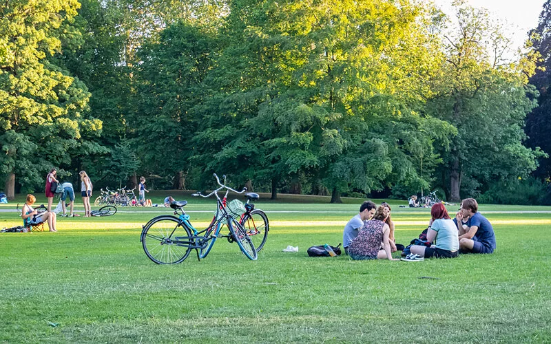 Blick auf eine sommerliche Grünfläche im Park mit mehreren Menschen-Grüppchen.