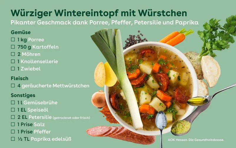 Zutaten für würzigen Wintereintopf mit Würstchen
