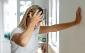 Eine Frau erleidet einen Schwindelanfall. Sie fasst sich wegen eines Schwindelgefühls an den Kopf.