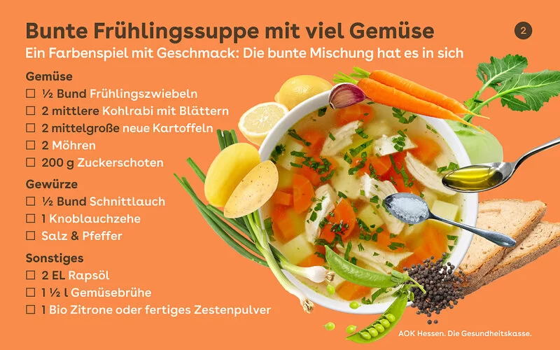 Infografik mit Rezept für bunte Frühlingssuppe mit gemüse