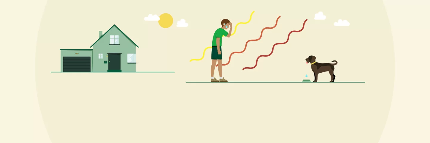 Illustration, die einen erschöpften Mann und einen hechelnden Hund zeigt, um auf die Gefahren von Hitze aufmerksam zu machen.