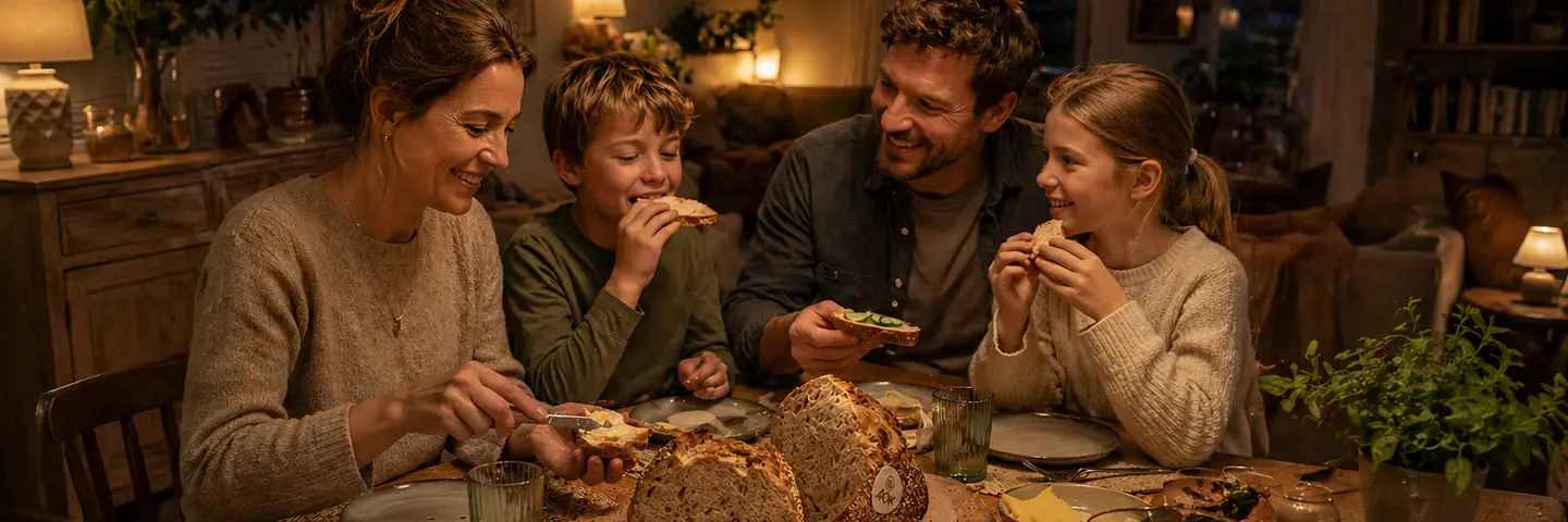 Familie sitzt am Tisch und isst Abendbrot. Auf dem Tisch steht das AOK-Aktionsbrot.