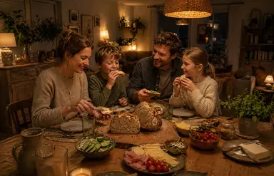 Familie sitzt am Tisch und isst Abendbrot. Auf dem Tisch steht das AOK-Aktionsbrot.