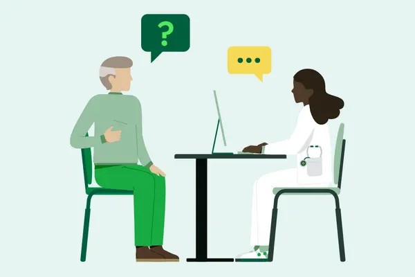 Illustration eines Gesprächs zwischen einer Ärztin und einem älteren Patienten.