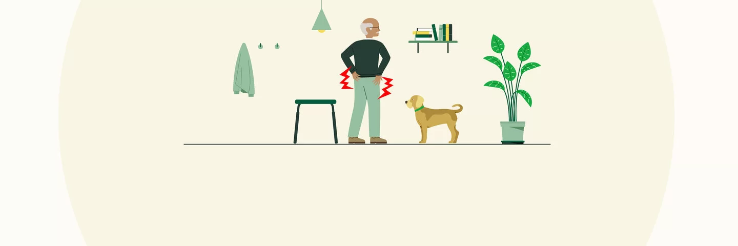 Die Illustration zeigt einen älteren Mann mit Hund in einem Zimmer. Symbole deuten an, dass der Mann an Hüftschmerzen leidet.