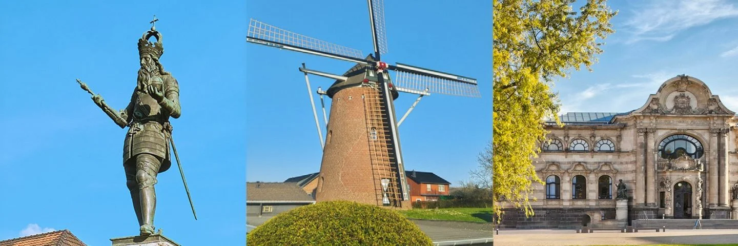 Die Collage zeigt Bilder des Karlsbrunnen Aachen, einer Windmühle in Heinsberg Kirchhoven und dem Leopold-Hoesch-Museum in Düren.