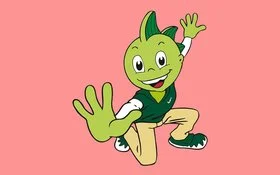 Jolinchen, ein grüner Cartoon-Drache, kniet auf einem Bein und streckt dabei eine Hand nach vorne und eine nach hinten.