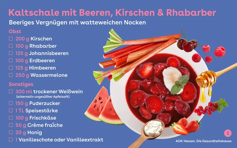Rezept für Kaltschale mit Beeren, Kirschen und Rhababer.