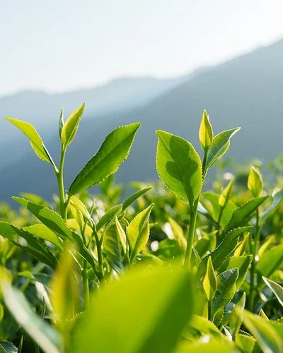 Auf einem Feld wachsen frische Teepflanzen. Im Hintergrund sind Berge zu sehen.