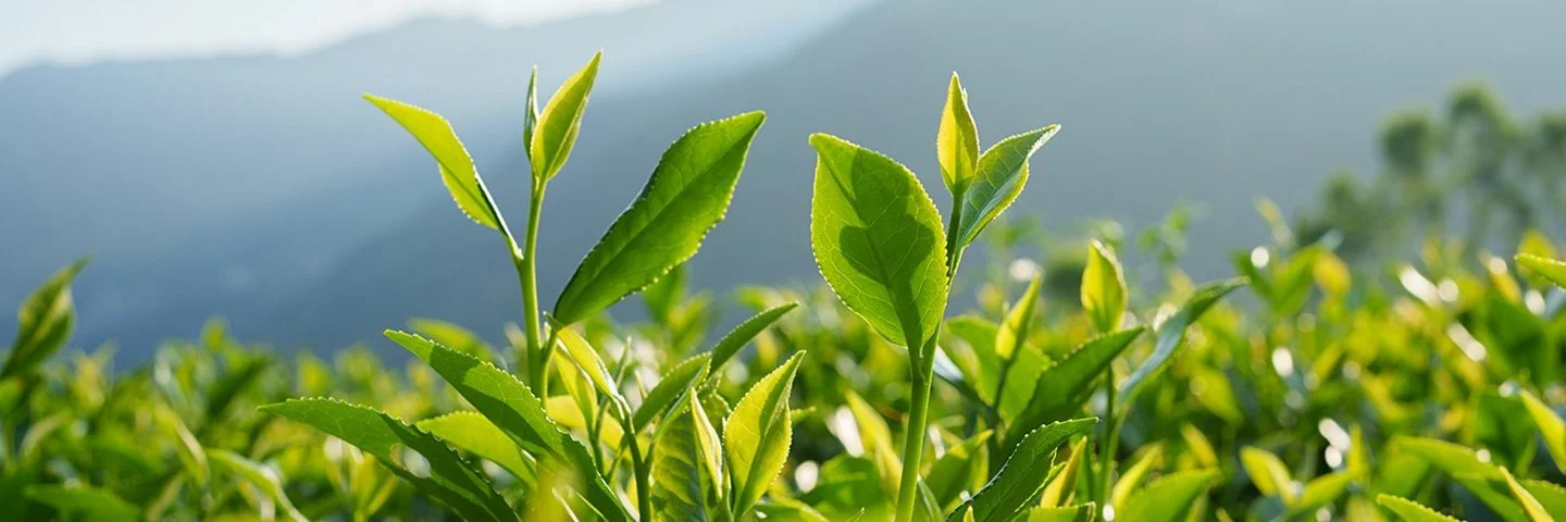 Auf einem Feld wachsen frische Teepflanzen. Im Hintergrund sind Berge zu sehen.