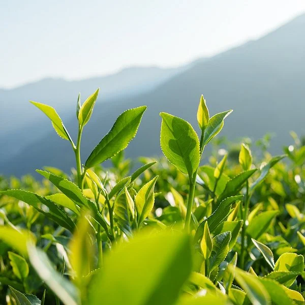 Auf einem Feld wachsen frische Teepflanzen. Im Hintergrund sind Berge zu sehen.