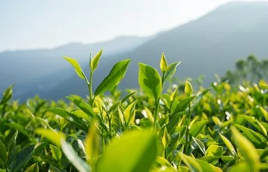 Auf einem Feld wachsen frische Teepflanzen. Im Hintergrund sind Berge zu sehen.