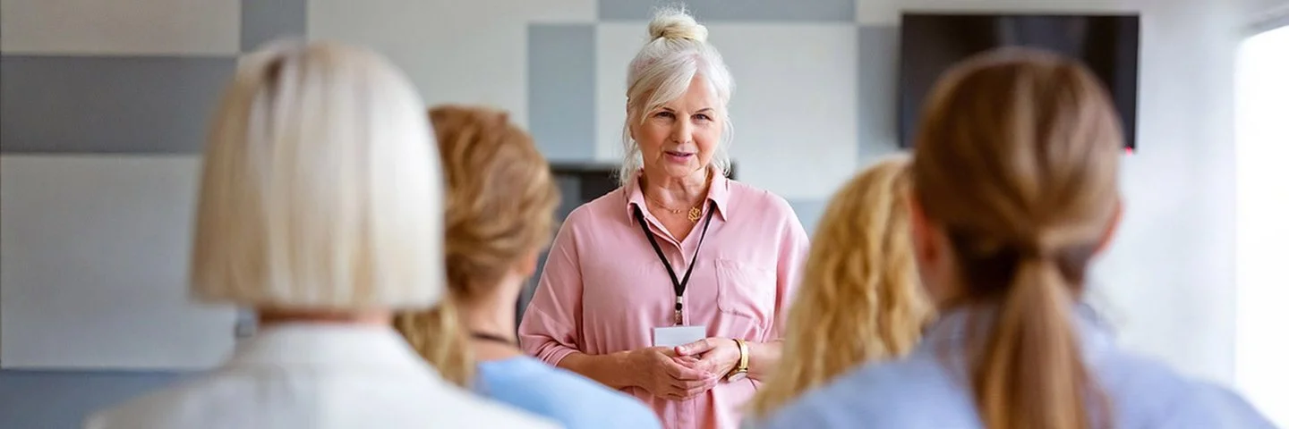 Eine ältere Frau, steht vor einer Gruppe und gibt eine Schulung.