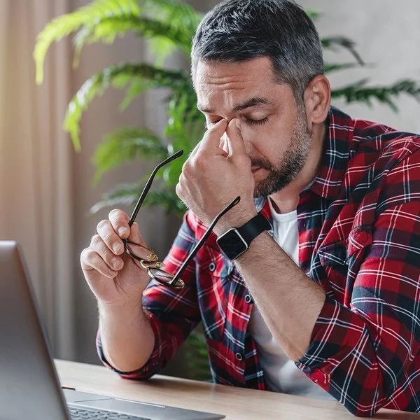 Ein gestresst wirkender Mann sitzt vor einem Laptop, er hält in der einen Hand seine Brille und fasst sich mit der anderen Hand an das Nasenbein.