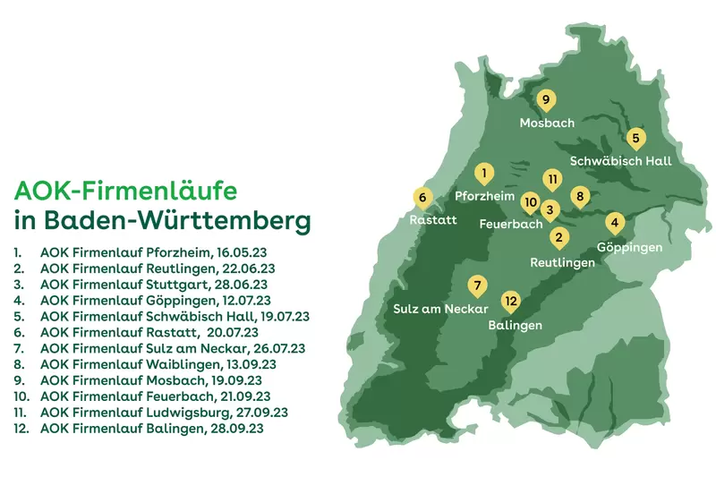 Auf einer farbig illustrierten Karte sind die Veranstaltungsorte der BW-Running-Läufe in Baden-Württemberg zu sehen.