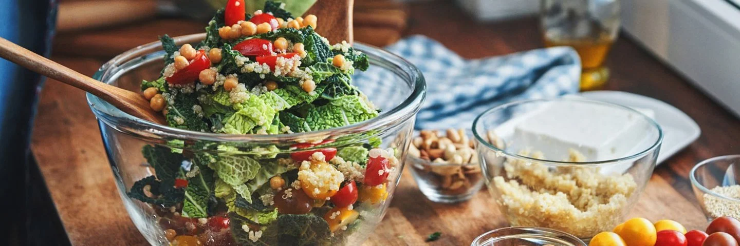 Eine Person bereitet einen bunten Salat mit Kichererbsen, Gemüse und Quinoa zu.