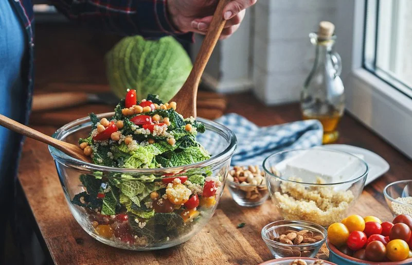 Eine Person bereitet einen bunten Salat mit Kichererbsen, Gemüse und Quinoa zu.