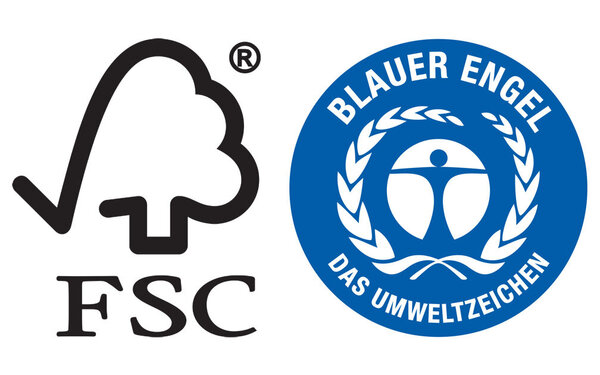 Das FSC-Siegel für nachhaltige Holzwirtschaft und das Umweltzeichen Blauer Engel.