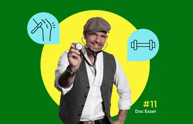 In der Mitte ist ein Foto von Doc Esser mit Schirmmütze und Stethoskop zu sehen, links und rechts daneben sind zwei hellblaue Piktogramme mit Kniegelenk und Hantel zu sehen.