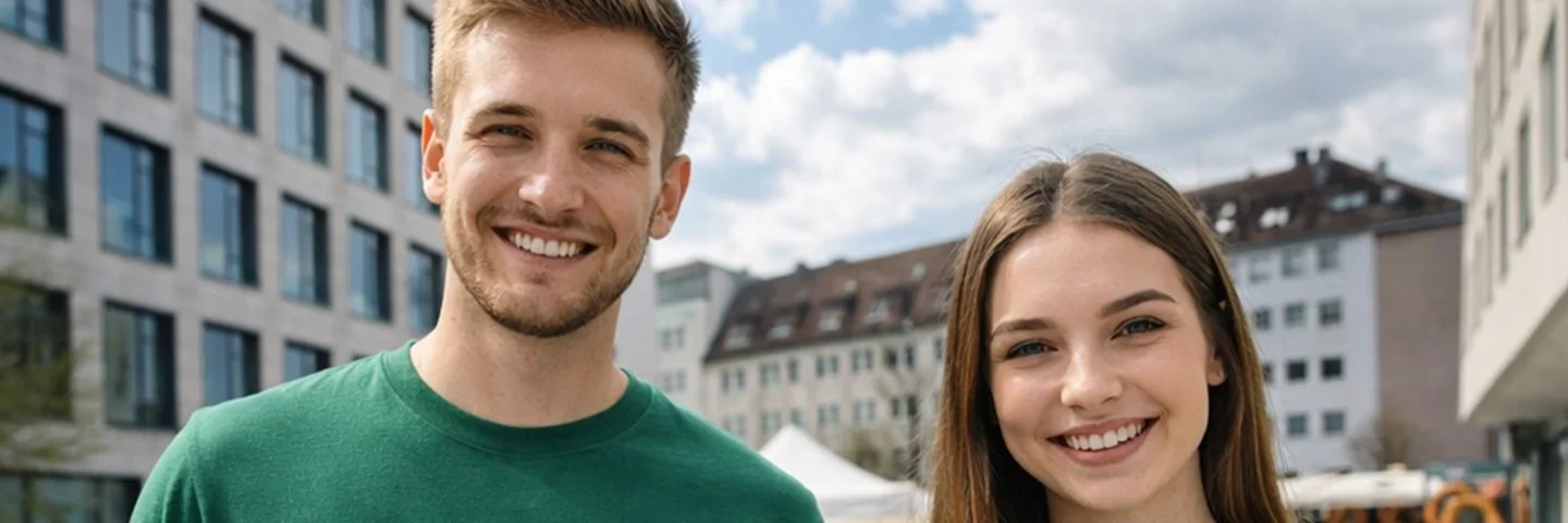 Zwei AOK-Mitarbeitende stehen auf dem Platz neben der Geschäftsstelle Nürnberg