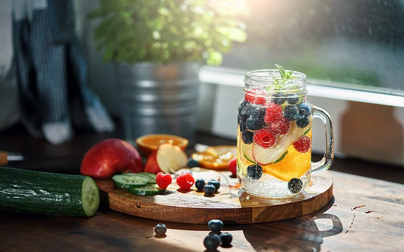 Auf einem runden Holzschneidebrett auf einer Küchenarbeitsplatte vor einem Fenster steht ein Henkelglas mit einem alkoholfreien Cocktail. Im Glas schwimmen Beeren, Obst- und Gurkenscheiben sowie ein Minzzweig. Auf dem Schneidebrett oder daneben liegen außerdem eine ganze Gurke, weitere Gurkenscheiben, Orangen, Apfelstücke, Himbeeren und Blaubeeren.