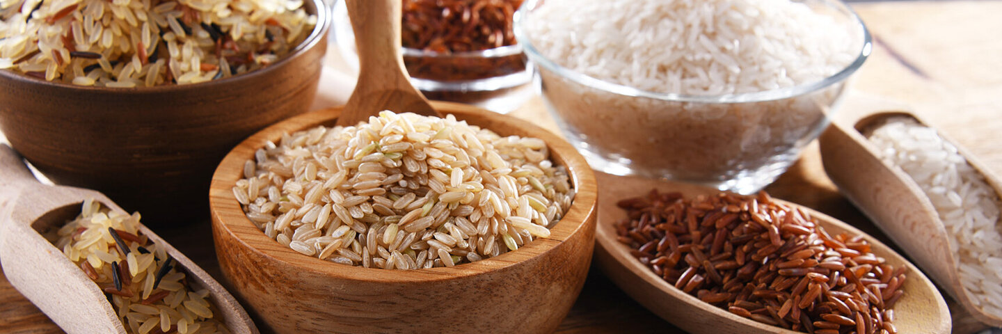 Viele verschiedene Reissorten eingefüllt in Schüsseln und Schippen stehen auf einem Holzbrett.