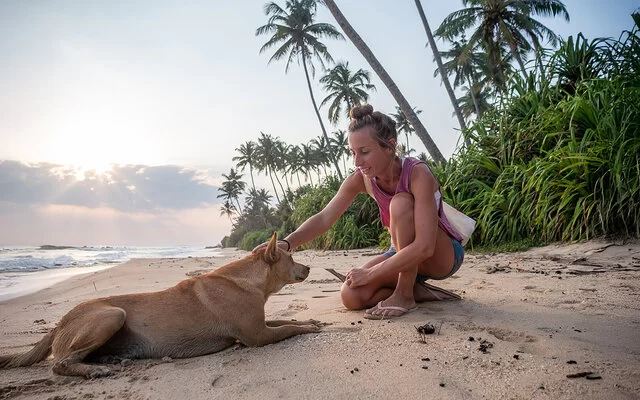 Eine blonde Frau streichelt an einem tropischen Strand einen Hund am Kopf.