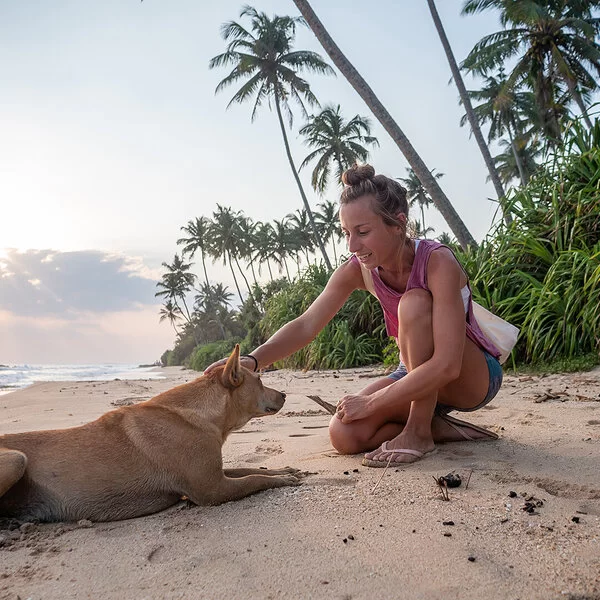 Eine blonde Frau streichelt an einem tropischen Strand einen Hund am Kopf.