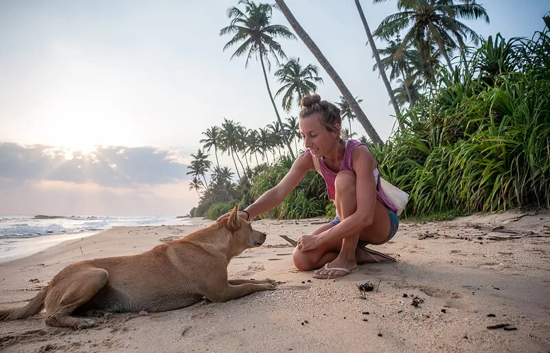 Eine blonde Frau streichelt an einem tropischen Strand einen Hund am Kopf.