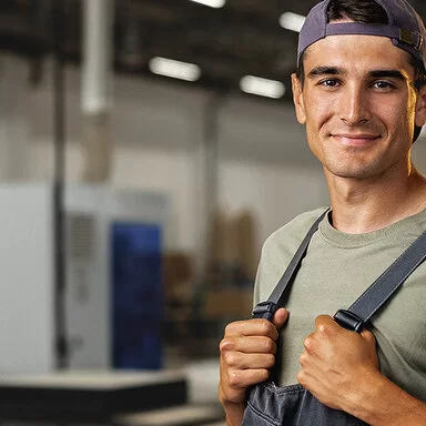 Porträt eines jungen männlichen Zimmermanns, der in der Holzwerkstatt steht. Als Arbeitnehmer haben sie bei der AOK viele Vorteile.