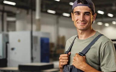 Porträt eines jungen männlichen Zimmermanns, der in der Holzwerkstatt steht. Als Arbeitnehmer haben sie bei der AOK viele Vorteile.