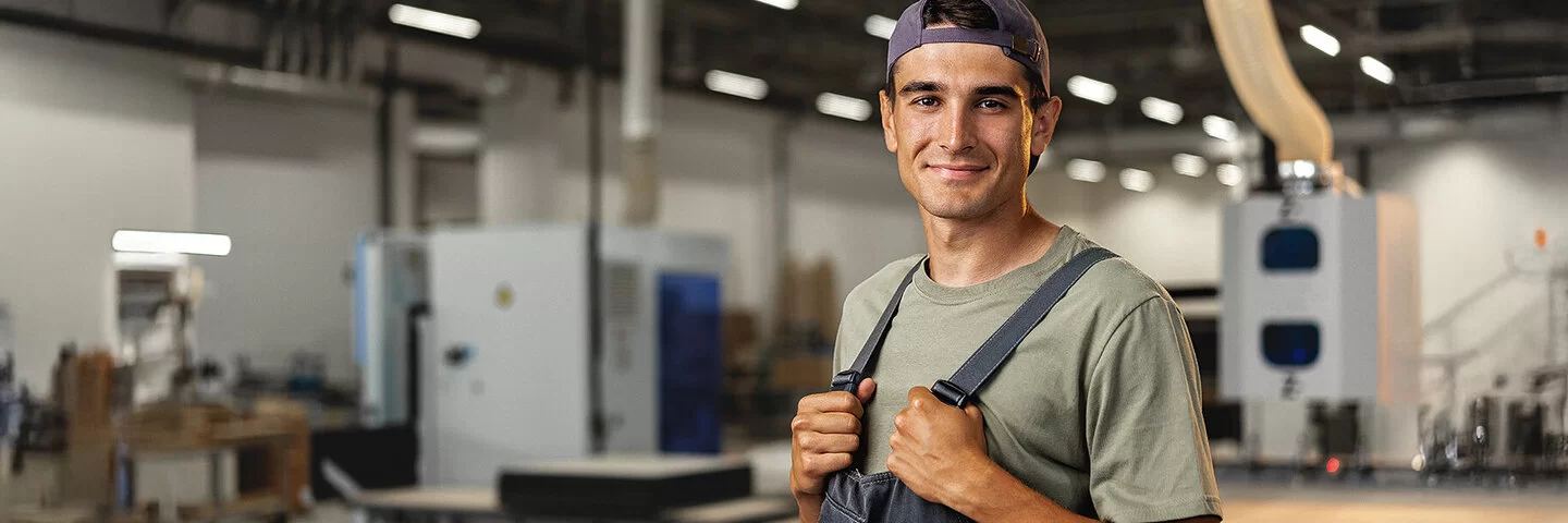 Porträt eines jungen männlichen Zimmermanns, der in der Holzwerkstatt steht. Als Arbeitnehmer haben sie bei der AOK viele Vorteile.