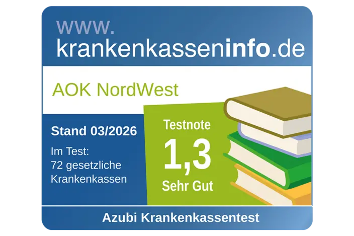 Zu sehen ist das blaue Siegel von krankenkasseninfo.de, mit einer Illustration rechts im Bild von vier farbigen Büchern.