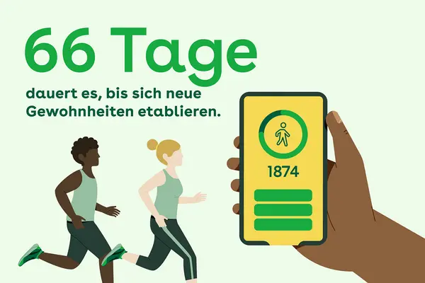 Zwei laufende Personen im Hintergrund, davor eine Hand, die ein Smarthone mit einer Schrittzähler-App hält.