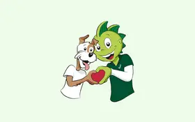 Jolinchen, ein grüner Cartoon-Drache, und ein Cartoon-Hund halten lächelnd vor einem weißen Hintergrund ein rotes Herz.