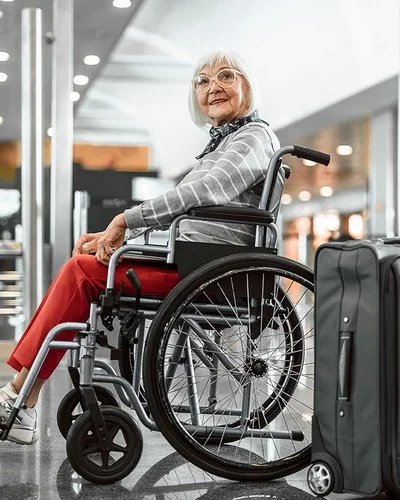 Eine Senorin sitzt im Rollstuhl und lächelt, neben ihr steht ein grauer Koffer.