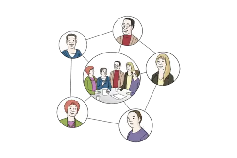 Die Illustration zeigt eine Gruppe von Menschen, die um einen Tisch herum sitzen.