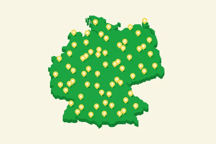 Illustration einer Karte von Deutschland mit Pins, die die 66 bundesweiten Aktionen veranschaulichen.