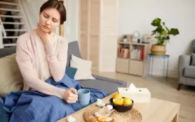 Eine junge Frau fasst sich mit der linken Hand an ihren schmerzenden Hals und hat dabei die Augen geschlossen.