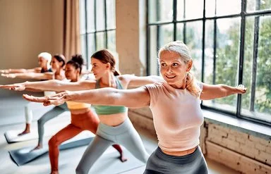 Fünf Frauen in sportlicher Kleidung praktizieren in einem Yoga-Studio auf Matten die Yoga-Übung „Krieger 2“.