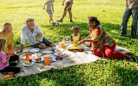 Eine große Familie mit Jung und Alt machen ein Picknick zusammen