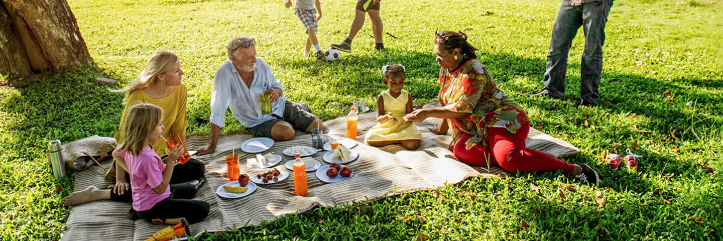 Eine große Familie mit Jung und Alt machen ein Picknick zusammen