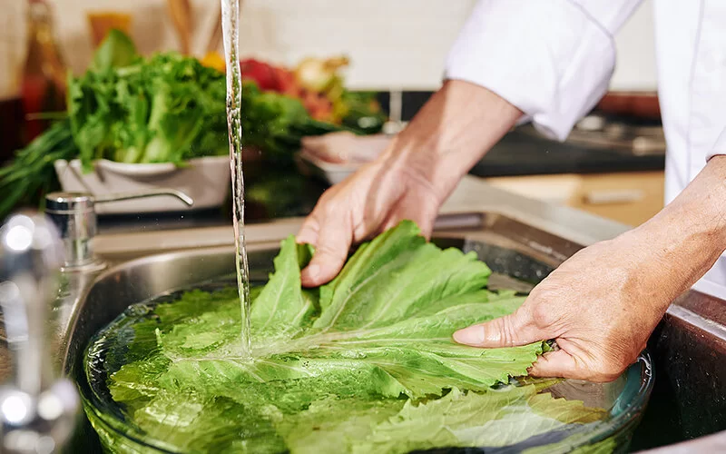 Nahaufnahme eines Mannes, der grüne Salatblätter in einer Edelstahlspüle wäscht.