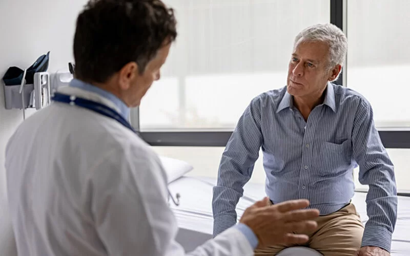Ein Mann mittleren Alters wird von einem Arzt dazu beraten, wie er ein Bauchaortenaneurysma vorbeugen kann.