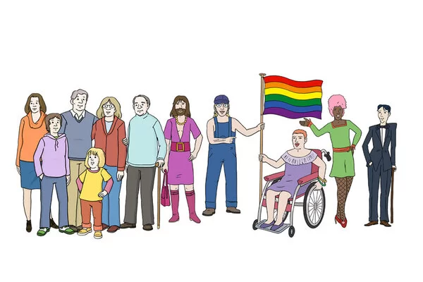 Die Illustration zeigt eine Gruppe Menschen unterschiedlichen Alters, Geschlechts, die Regenbogen-Flagge und queere Menschen.