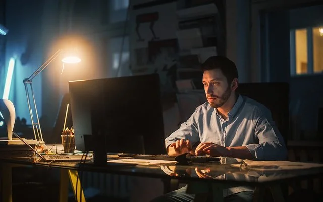 In einem dunklen Büro sitzt ein Mann an einem Schreibtisch, der durch eine Tischleuchte beleuchtet wird. Er tippt auf einer Tastatur und schaut auf den Monitor.