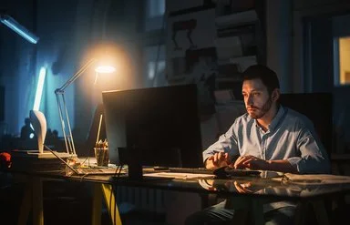 In einem dunklen Büro sitzt ein Mann an einem Schreibtisch, der durch eine Tischleuchte beleuchtet wird. Er tippt auf einer Tastatur und schaut auf den Monitor.