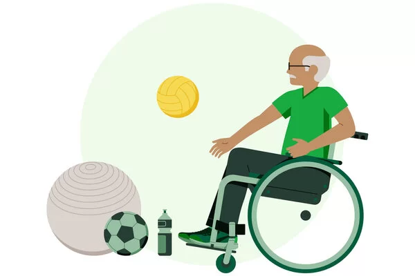 Illustration: Eine Person im Rollstuhl spielt mit einem Ball.