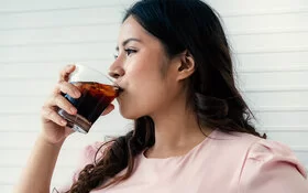 Eine Frau trinkt aus einem Glas ein Erfrischungsgetränk.
